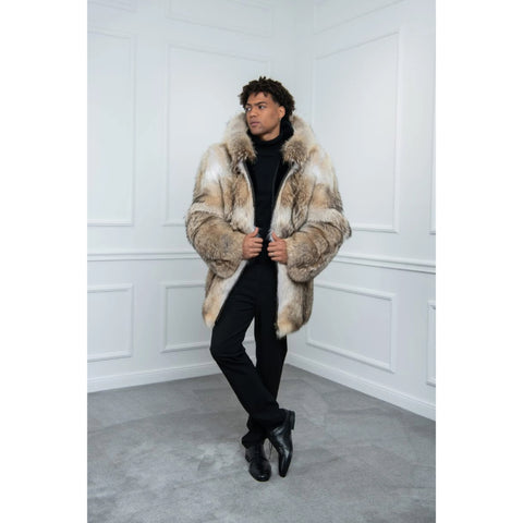 Men’s Luxury Genuine Coyote Fur Parka Jacket with Hood – Premium Winter Outerwear