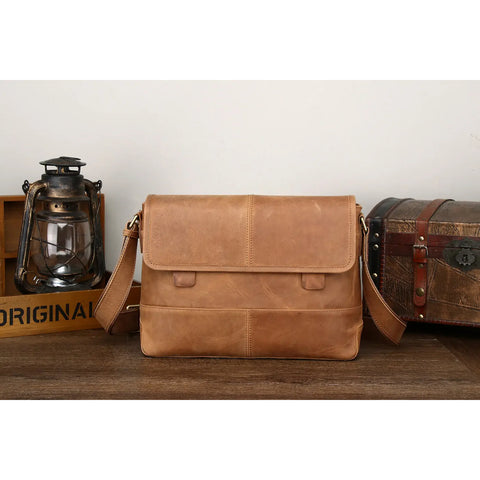 Trending Brown Crazy Horse Leather Messenger Bag for Unisex– Large Vintage Crossbody Satchel