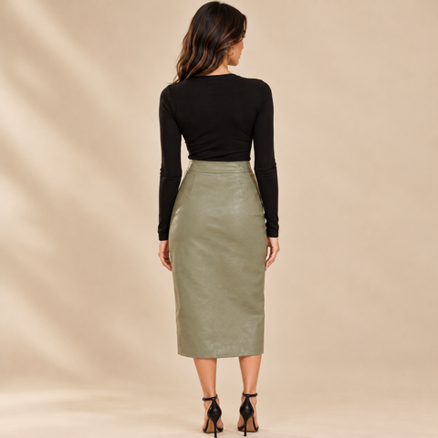 Olive Green Genuine Leather Button-Front Midi Skirt
