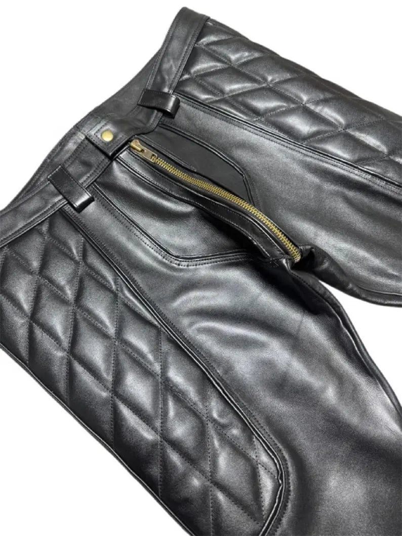 Men's Genuine Black Cowhide Leather Pants with Quilted Panels – Biker & Punk Style with All-Around Zipper Detail