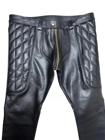 Men's Genuine Black Cowhide Leather Pants with Quilted Panels – Biker & Punk Style with All-Around Zipper Detail