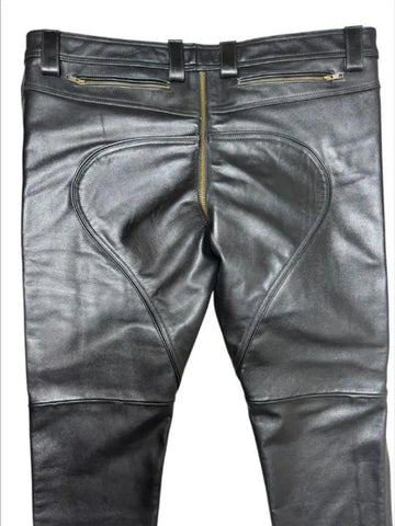 Men's Genuine Black Cowhide Leather Pants with Quilted Panels – Biker & Punk Style with All-Around Zipper Detail