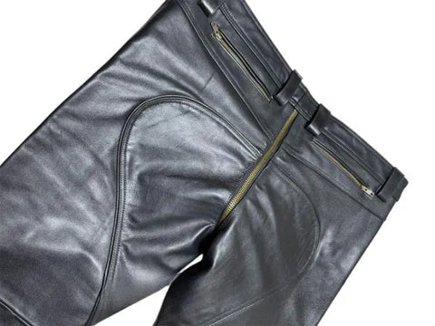 Men's Genuine Black Cowhide Leather Pants with Quilted Panels – Biker & Punk Style with All-Around Zipper Detail