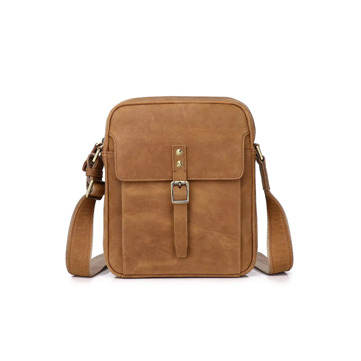 Trending Tan Crazy Horse Leather Crossbody Bag Unisex – Durable Vintage Side Bag
