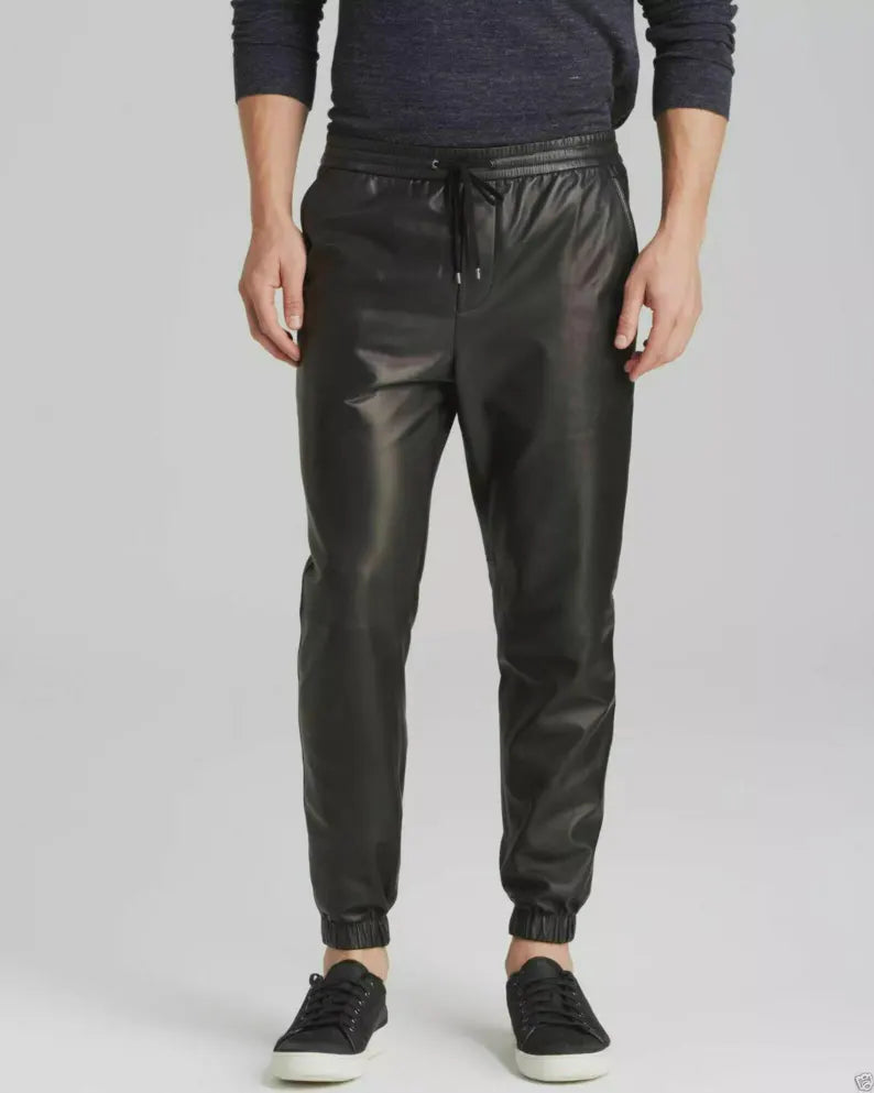 Men's High Shine Black Cow Leather Track Jogger Pants with Stripes – Stylish Sweatpants, Perfect Gift for Him