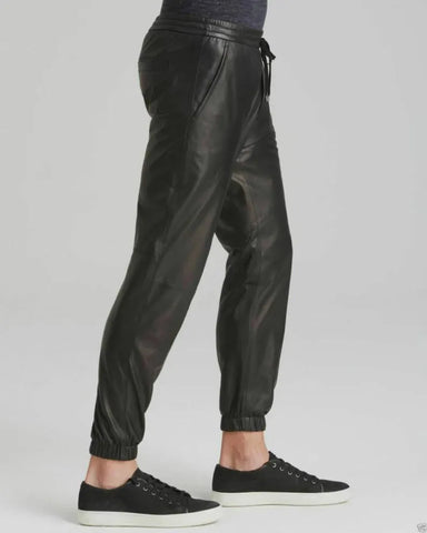Men's High Shine Black Cow Leather Track Jogger Pants with Stripes – Stylish Sweatpants, Perfect Gift for Him