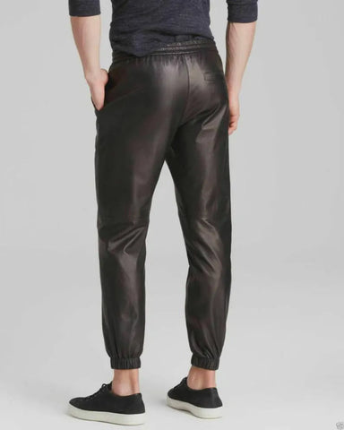 Men's High Shine Black Cow Leather Track Jogger Pants with Stripes – Stylish Sweatpants, Perfect Gift for Him