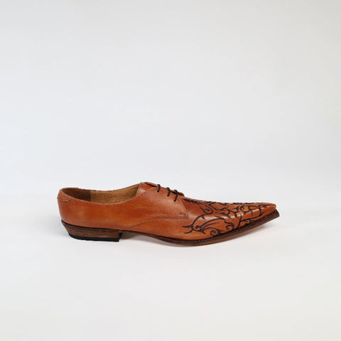Men’s Brown Western Leather Lace-Up Shoes | Handmade Cowboy Dress Shoes | Vintage Pointed-Toe Embroidered Footwear