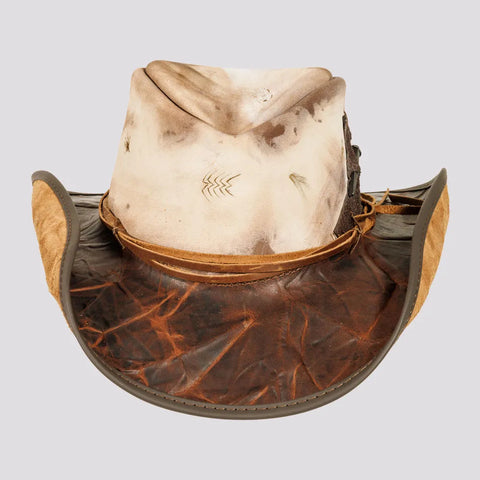 Men’s Distressed Genuine Leather Cowboy Hat – Vintage Western Outback Hat with Waxed Band, Hand-Stitched Detail & Wide Brim
