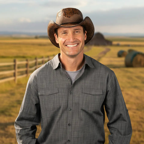 Men’s Leather Outback Hat – Genuine Cowhide with Breathable Mesh Crown