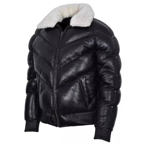 Men Leather Puffer Jacket Black Genuine Leather Winter Bomber Jacket Shearling Collar Quilted Coat
