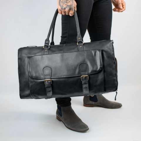 Black Full-Grain Leather Duffle Bag – Weekender with Shoe Compartment