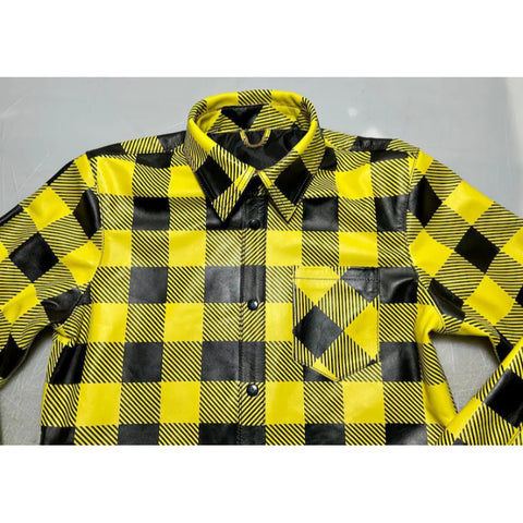 Men’s Yellow & Black Plaid Cowhide Leather Shirt – Handmade Streetwear Biker Top Gift for Him