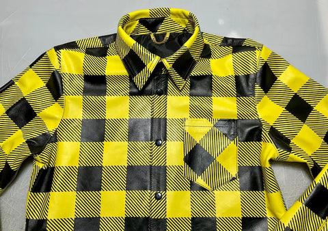 Men's Yellow and Black Plaid Checkered Cowhide Leather Shirt – Handmade Streetwear Biker Shirt, Best Gift for Him