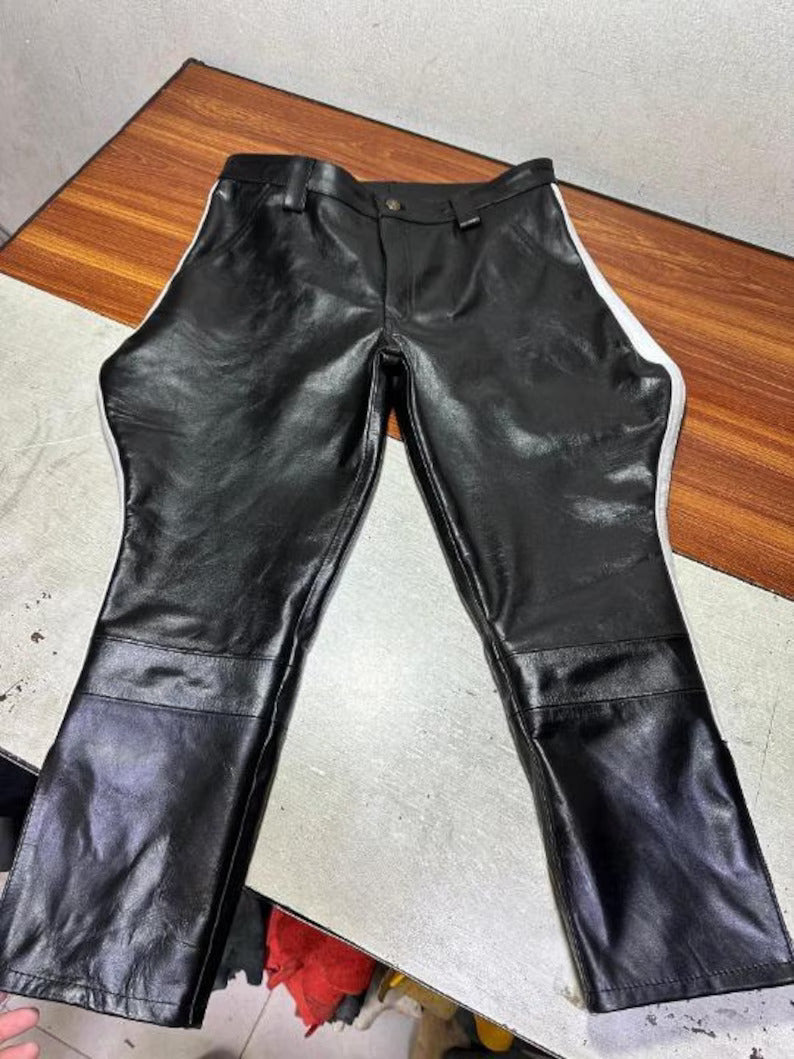 Men’s Black and White Leather Breeches – 100% Real Leather Jodhpur Pants – Stylish Biker or Equestrian Leather Trousers