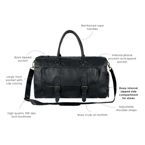 Black Full-Grain Leather Duffle Bag – Weekender with Shoe Compartment
