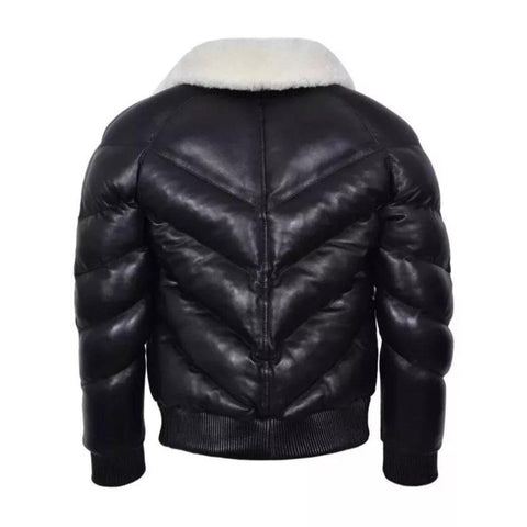 Men Leather Puffer Jacket Black Genuine Leather Winter Bomber Jacket Shearling Collar Quilted Coat