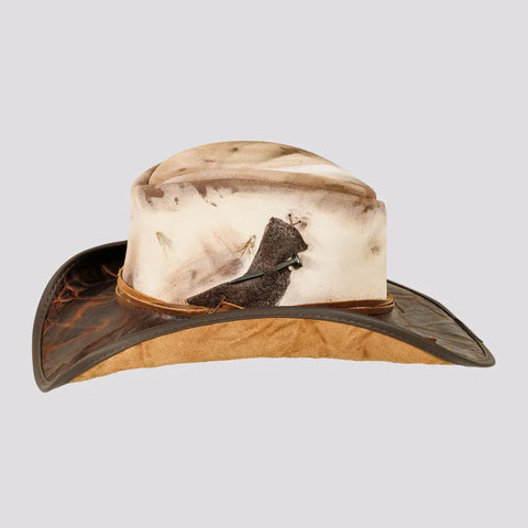 Men’s Distressed Genuine Leather Cowboy Hat – Vintage Western Outback Hat with Waxed Band, Hand-Stitched Detail & Wide Brim