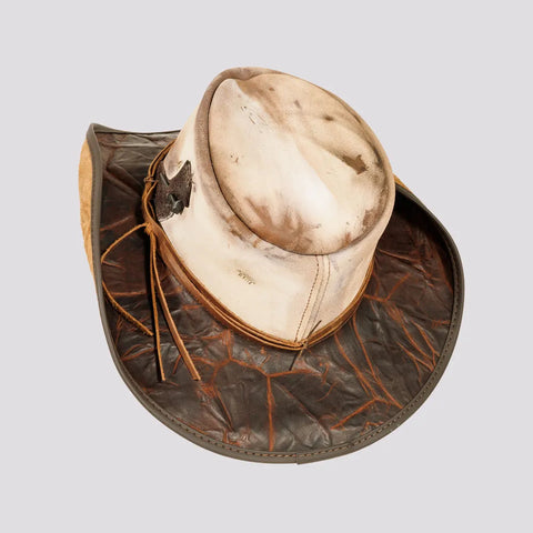 Men’s Distressed Genuine Leather Cowboy Hat – Vintage Western Outback Hat with Waxed Band, Hand-Stitched Detail & Wide Brim