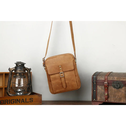 Trending Tan Crazy Horse Leather Crossbody Bag Unisex – Durable Vintage Side Bag