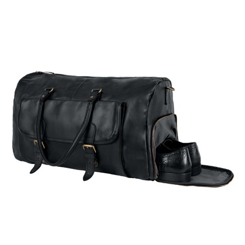 Black Full-Grain Leather Duffle Bag – Weekender with Shoe Compartment