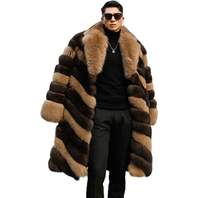 Men’s Luxury Two-Tone Striped Fox Fur Long Coat – Premium Winter Fashion Outerwear