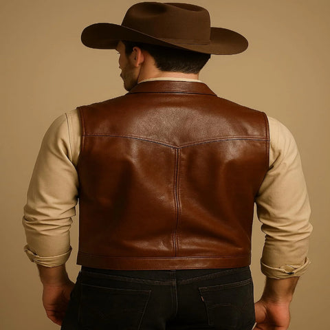 Handmade Brown Leather Cowboy Vest – Custom Western Biker Waistcoat | Men’s Country Style