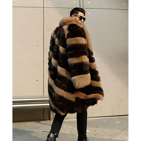 Men’s Luxury Two-Tone Striped Fox Fur Long Coat – Premium Winter Fashion Outerwear