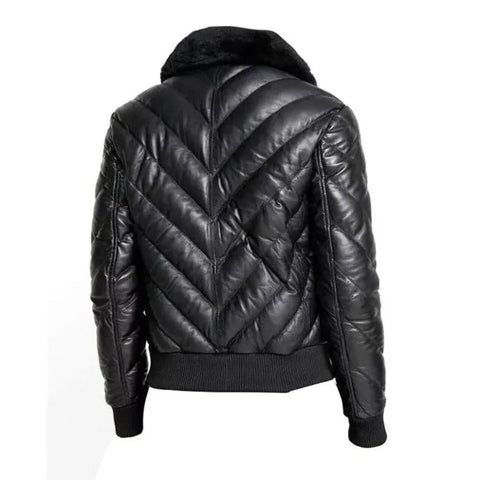 Men Black Leather Puffer Jacket Genuine Leather Winter Bomber Jacket Fur Collar Quilted Coat