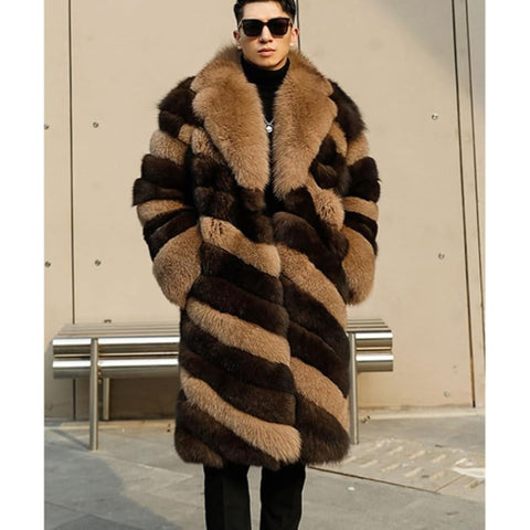Men’s Luxury Two-Tone Striped Fox Fur Long Coat – Premium Winter Fashion Outerwear