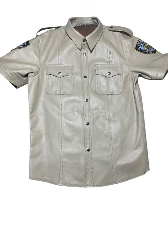 Men's Real Cowhide Leather Police Uniform Shirt – NYPD Style Short Sleeve Biker Patrol Shirt