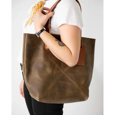 Olive Green Leather Tote Bag – Unisex Handmade Full-Grain Kodiak Leather Tote