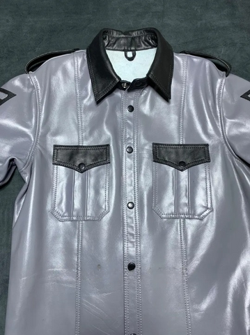 Grey Leather Police-Style Shirt – Short Sleeve Uniform Top with Black Accents, Fetish Gear, Best Gift for Him