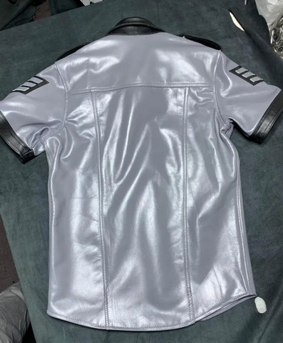 Grey Leather Police-Style Shirt – Short Sleeve Uniform Top with Black Accents, Fetish Gear, Best Gift for Him
