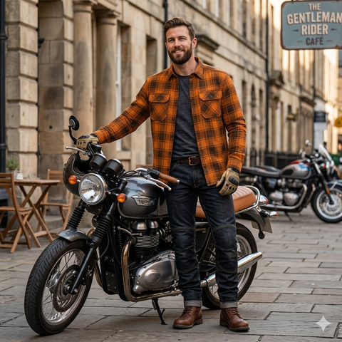 Men’s Armoured Motorcycle Riding Shirt  Reinforced Protective Biker Flannel  Orange & Black Check