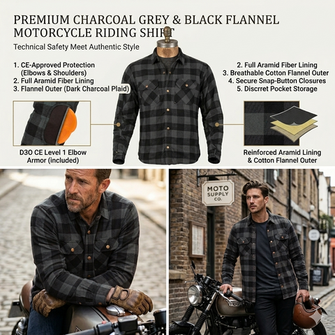 Men’s Armoured Motorcycle Riding Shirt  Kevlar Reinforced Biker Flannel Dark Grey & Black Check