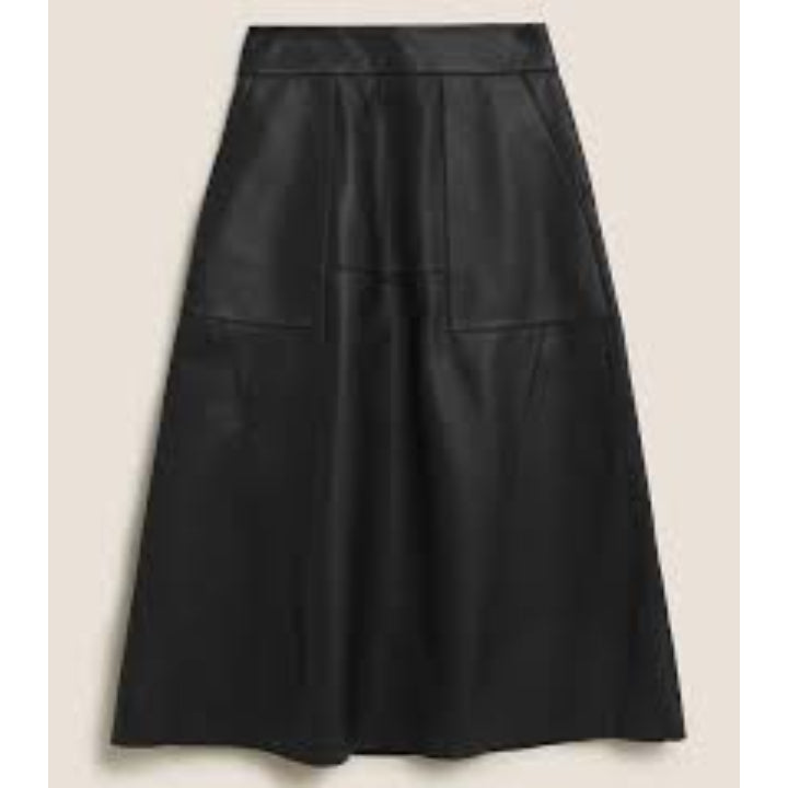 Genuine Leather A-Line Midi Skirt – High-Waisted with Side Pockets