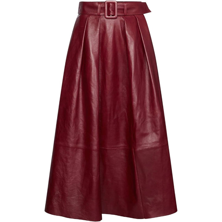 Genuine Leather A-Line Midi Skirt – Tie Belt & Flared Silhouette