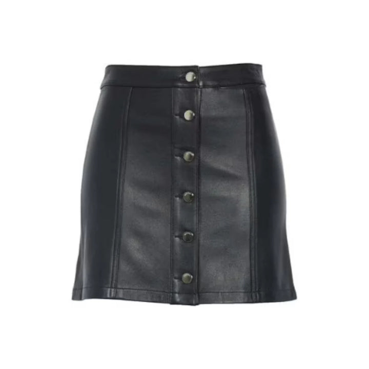 Genuine Leather A-Line Mini Skirt with Button Front