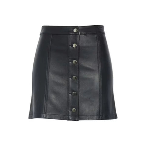 Genuine Leather A-Line Mini Skirt with Button Front