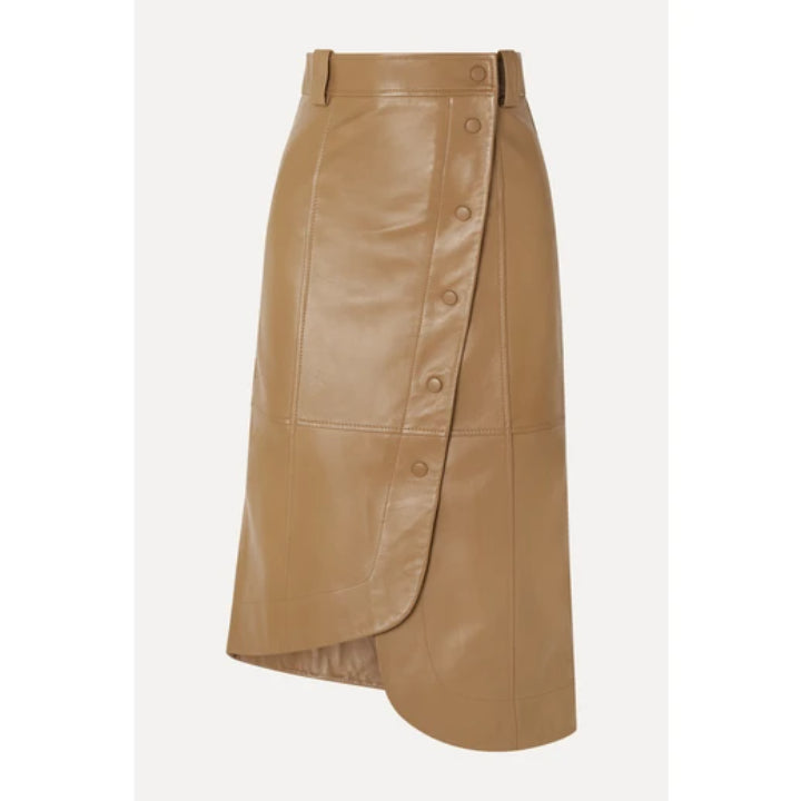 Genuine Leather Asymmetrical Wrap Midi Skirt – High-Waisted & Buttoned