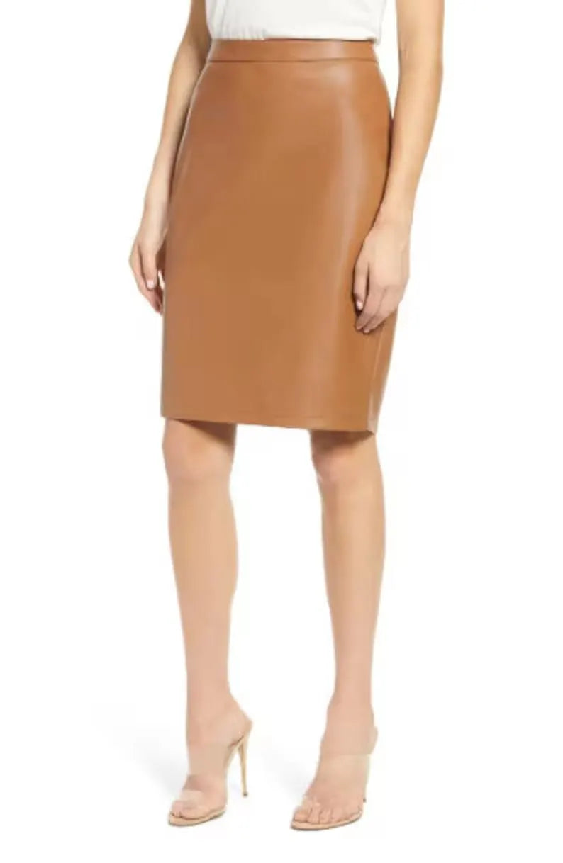 Genuine Tan Leather Knee-Length Pencil Skirt with Back Zip & Slit