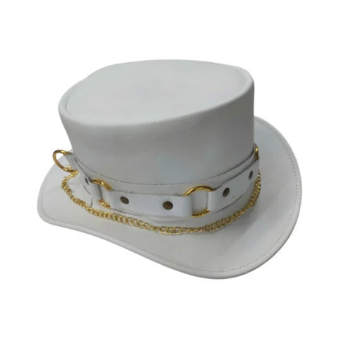  Gothic Steampunk White Leather Top Hat – Artisan Handcrafted Headwear with Gold Curb Chain and D-Ring Hardware Accents