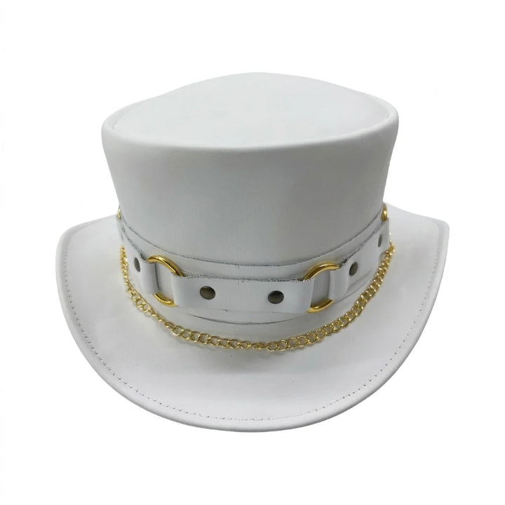 Gothic Steampunk White Leather Top Hat – Artisan Handcrafted Headwear with Gold Curb Chain and D-Ring Hardware Accents
