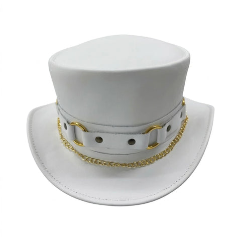 Gothic Steampunk White Leather Top Hat – Artisan Handcrafted Headwear with Gold Curb Chain and D-Ring Hardware Accents