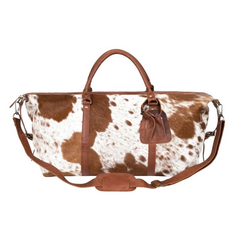 Genuine Cowhide Leather Duffle Bag – Brown & White Weekender Holdall