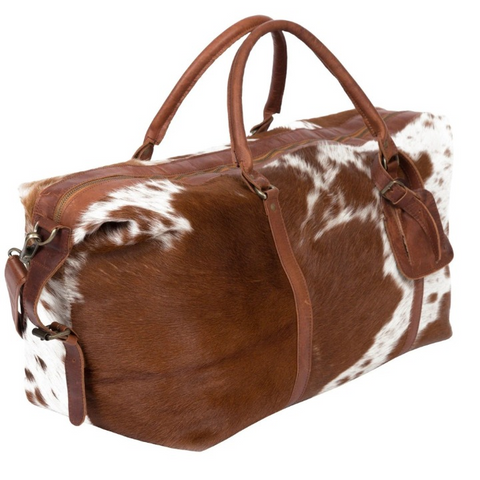 Genuine Cowhide Leather Duffle Bag – Brown & White Weekender Holdall