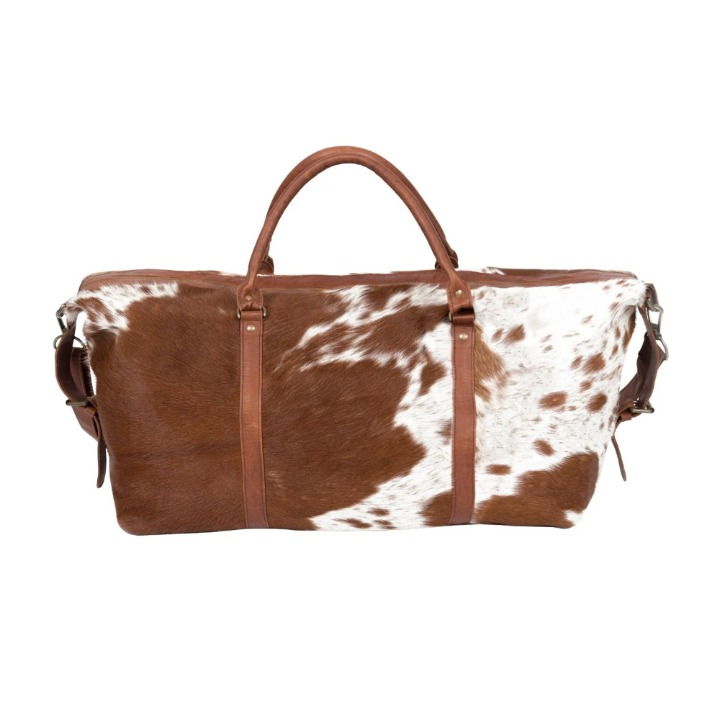 Genuine Cowhide Leather Duffle Bag – Brown & White Weekender Holdall