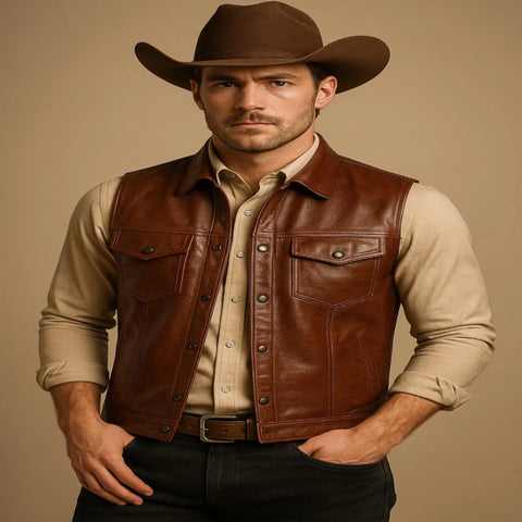 Handmade Brown Leather Cowboy Vest | Custom Biker Waistcoat UK