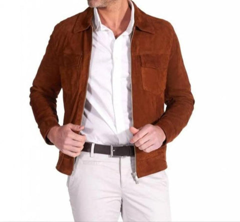 Handmade Brown Suede Leather Trucker Jacket | Western Style | Genuine Suede Zip-Up Outerwear